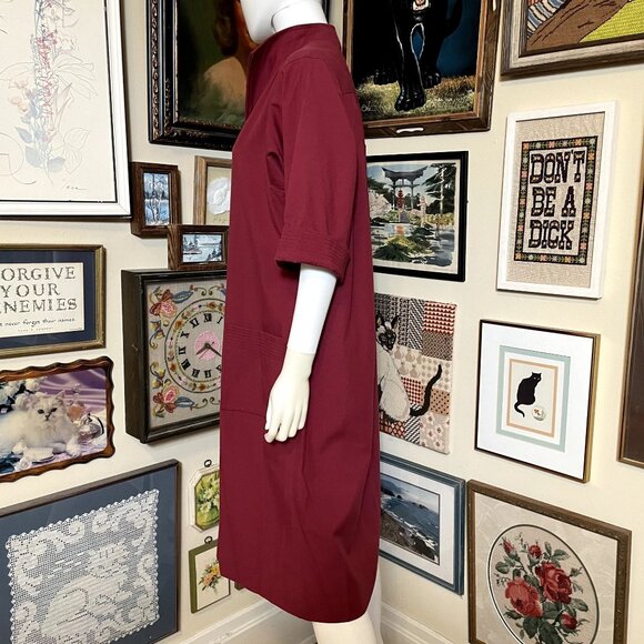 70s Vintage Anjac Deep Red Zip Front Cropped Sleeve Shift Dress House Coat 16 - Picture 2 of 6